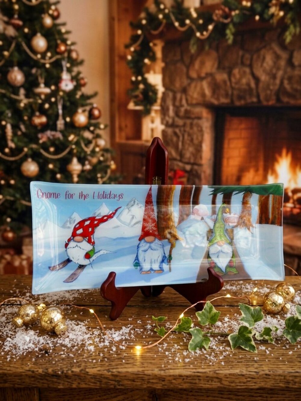 Gnomes for the Holiday Glass Christmas Platter New